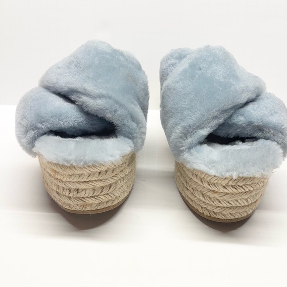 Miu Miu Light Blue Shearling Cross Strap Espadrille Platform Slides - Picture 2 of 10